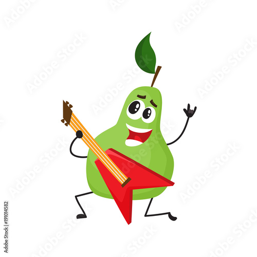 Vector flat funny pear happy fruit character rockstar smiling, holding red electric guitar singing song. Summer vacation, party poster design element. Isolated illustration, white background.