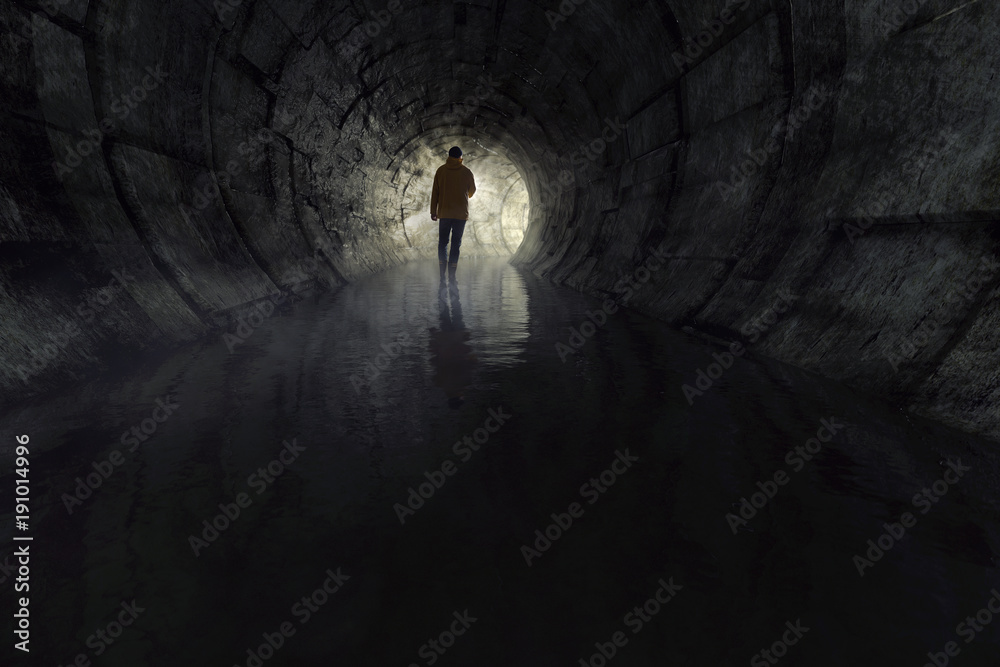 Mann mit Taschenlampe in Abwasserkanal - obrazy, fototapety, plakaty 