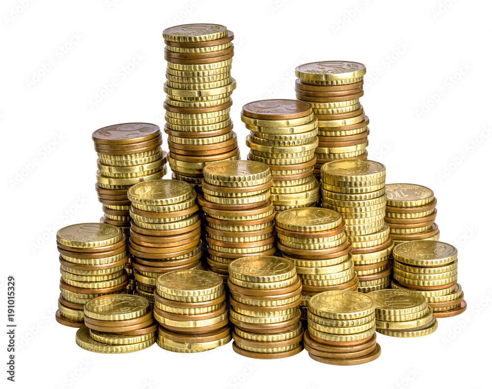 group stacked euro coins isolated white background, finance wealth group stacked euro coins isolated white background, finance wealth