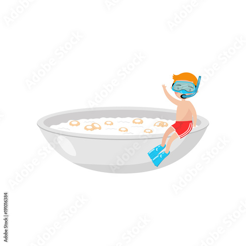  ute boy in diving mask sitting on the edge of a giant bowl with breakfast cereal in milk cartoon vector Illustration