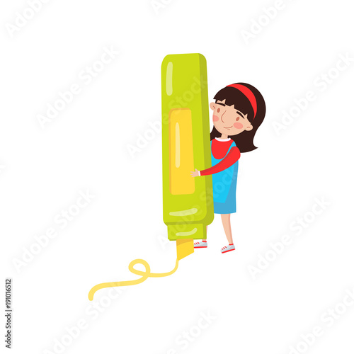 Cute girl with giant highlighter, preschool activities and early childhood education cartoon vector Illustration