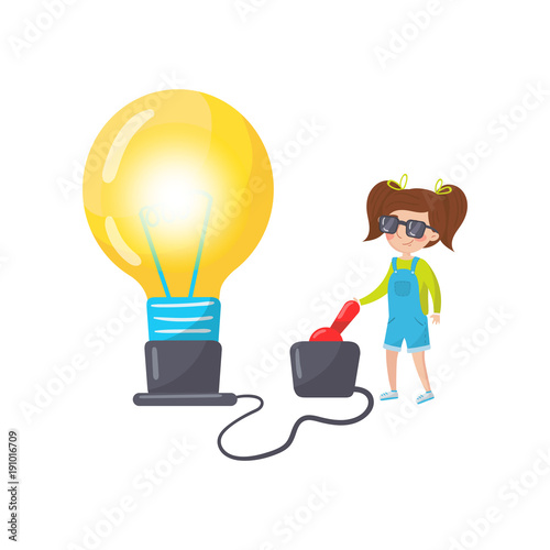 Litle girl doing physics experiment with electricity, preschool activities and early childhood education cartoon vector Illustration