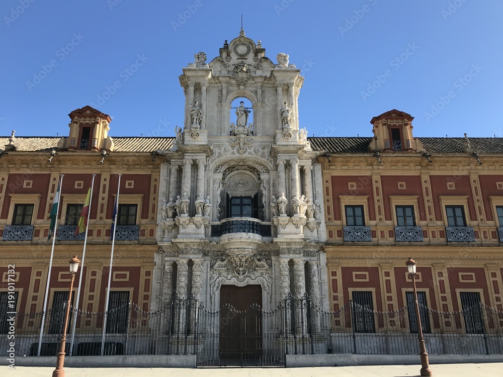View of the main facade of the San Telmo Palace. Baroque building, in Seville