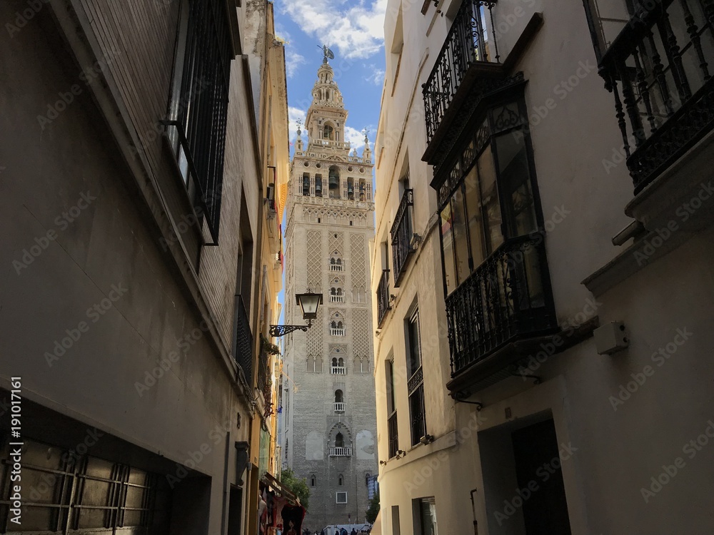 View from the streets of the neighborhood of Santa Cruz, towards the famous Giralda of Seville