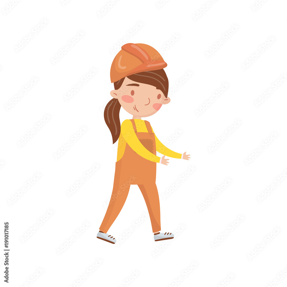 Little girl construction worker in protective hardhat and overall, preschool activities and early childhood education cartoon vector Illustration Little girl construction worker in protective hardhat and overall, preschool activities and early childhood education cartoon vector Illustration