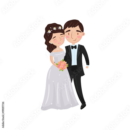 Beautiful elegant wedding love couple embracing cartoon vector Illustration