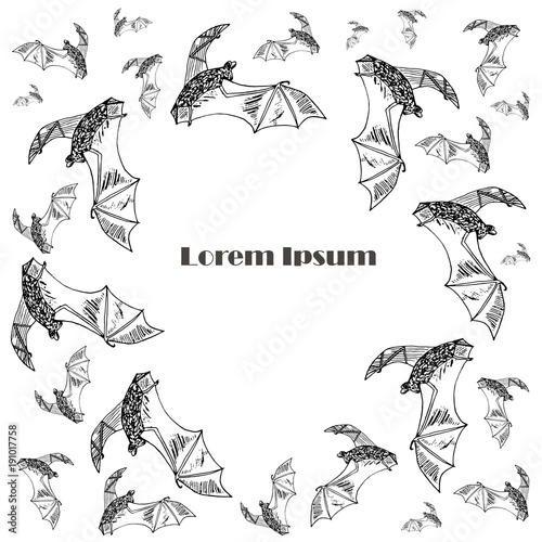 Round monochrome background flying bats Lorem ipsum stock vector illustration design element