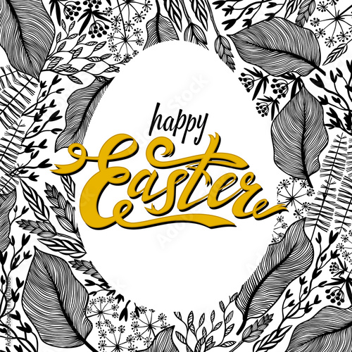 Easter greeting card with floral frame in egg shape. Herbal background. Perfe...