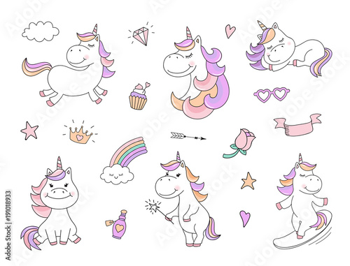 Fototapeta Naklejka Na Ścianę i Meble -  Cute unicorn characters with magical things