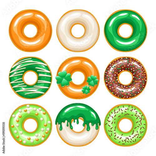 St. Patrick's day donuts icons set. Sweet holiday bakery vector.