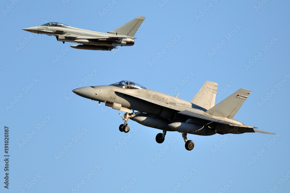 Cazas Eurofighter Typhoon y F-18 Hornet aterrizando