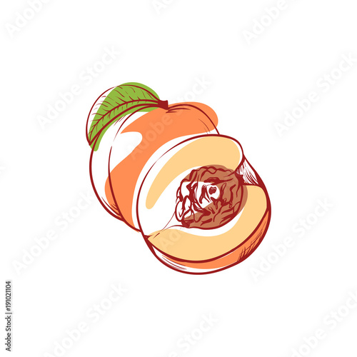 Ripe peach icon isolated on white background. Natural sweet eco food, healthy vegan nutrition, organic farming vector illustration