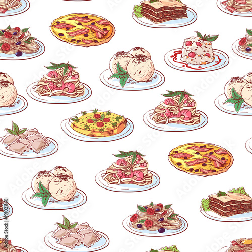 Italian cuisine dishes on white background. Seamless pattern with pizza, pasta, ravioli, tiramisu, frittata, spaghetti bolognese, lasagna, panna cotta. Restaurant menu design vector illustration.
