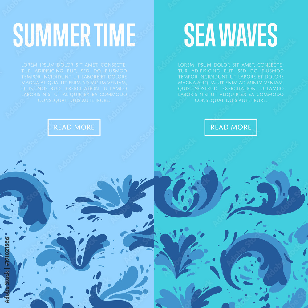 Sea waves flyers with water splash elements. Summer rest and marine leisure, natural nautical design vector illustration. Abstract wavy flow, tide water roller, foamy and stormy ocean wave sign.