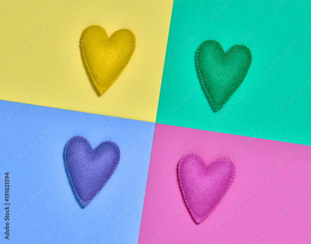 Colorful Hearts. Valentines Day, Love. Handmade hearts set. Trendy fashion Style. Bright Love background. Creative Romantic concept. Minimal design. Pop Art