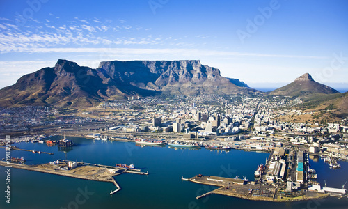 Aerial view of Cape Town city centre, with Table Moutain, Cape Town Harbour, Lion's Head and Devil's Peak