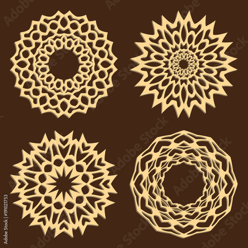 DIY laser cutting patterns. Jigsaw die cut ornaments. Islamic cutout silhouette stencils. Fretwork round panels. Vector coasters for paper cutting, scrapbook and woodcut.