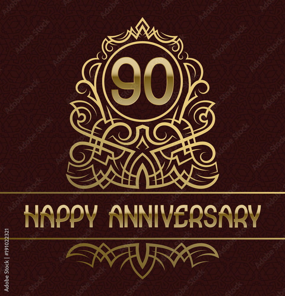 Happy anniversary greeting card template for ninety years celebration. Vintage design with golden elements. Happy anniversary greeting card template for ninety years celebration. Vintage design with golden elements.