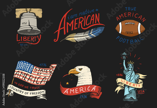 native american set. old, labels or badges for camping, hiking, hunting. statue and bell of freedom or Liberty, flag, eagle and ball with red skinned indian. engraved hand drawn in old sketch.