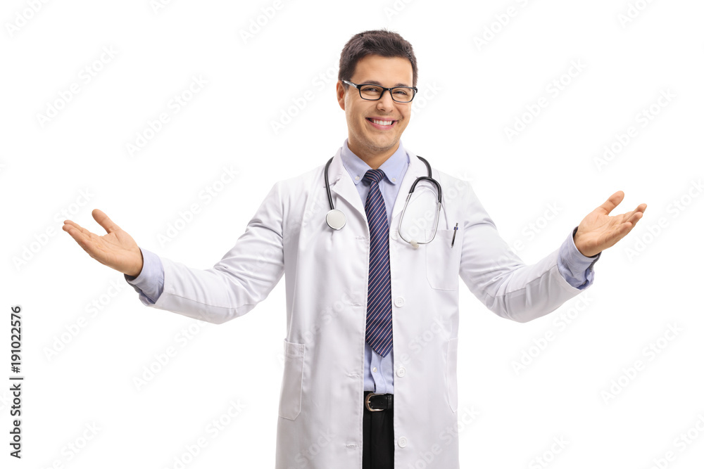 Doctor making a welcome gesture and smiling Doctor making a welcome gesture and smiling