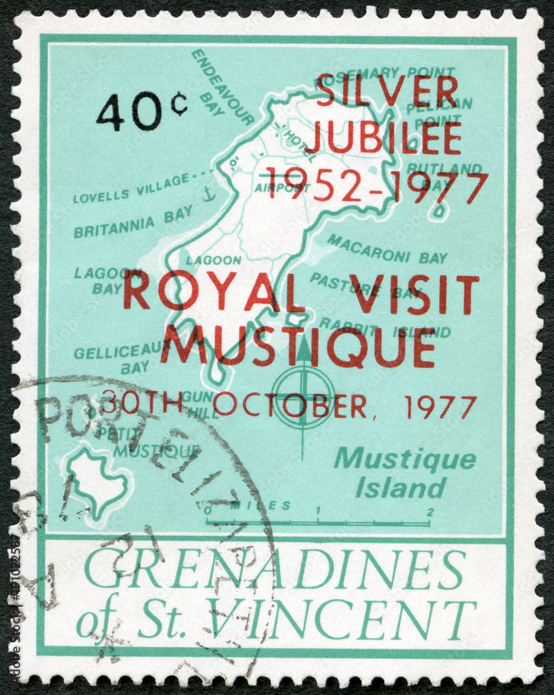 Naklejka premium GRENADINES OF SAINT VINCENT - 1974: shows Map of Mustique Island