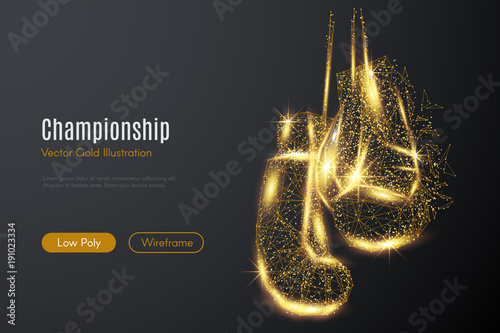 Low poly illustration of the boxing gloves with a golden dust effect. Sparkle stardust. Glittering vector with gold particles on dark background. Polygonal wireframe from dots and lines.