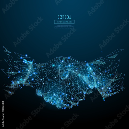 Abstract image of Business handshake in the form of a starry sky or space, consisting of points, lines, and shapes in the form of planets, stars and the universe. Vector best deal. RGB Color mode