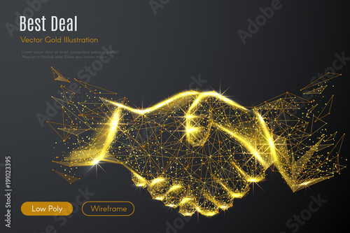 Low poly illustration of the Business handshake with a golden dust effect. Sparkle stardust. Glittering vector with gold particles on dark background. Polygonal wireframe from dots and lines.