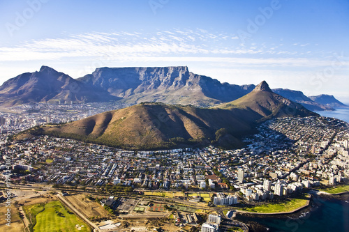 Aerial view of Cape Town, with Green Point and Sea Point, Table Mountain, Signal Hill, Lion's Head, Devil's Peak, South Africa photo