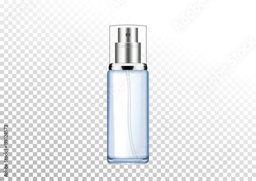 Vector empty silver and blue package for cosmetic products with pump, tube for lotion, tonic, cream. Realistic mockup of glass container with batcher isolated on white-transparent background.