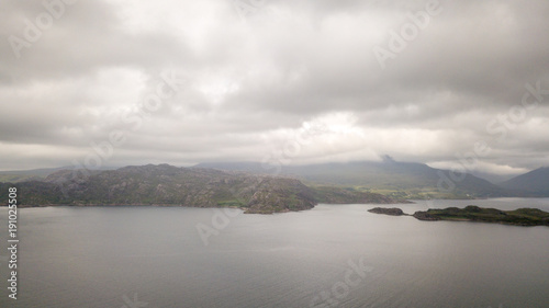 Loch Torridon, Scottish Highlands. An aerial view over a sea loch in the northwest of Scotland and the Highlands on a typically grey and overcast day.