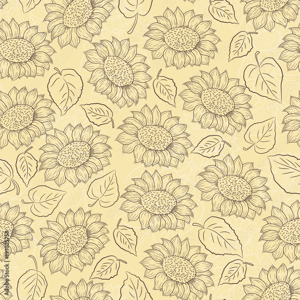 Sunflower line vector and leaves seamless pattern on light yellow background, country style