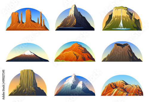 Mountains Peaks, landscape early in a daylight, big set. monument valley, matterhorn, roraima, fuji or vesuvius, devils tower, everest or rainbow. travel or camping, climbing. Outdoor hill tops