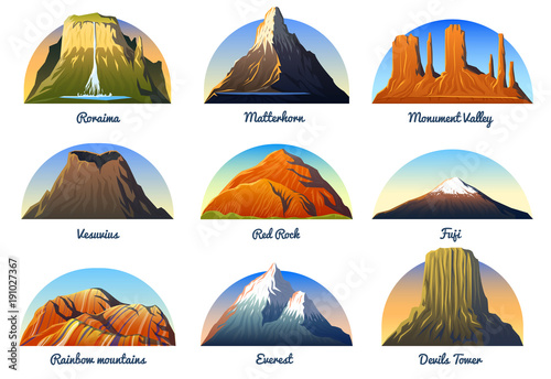 Mountains Peaks, landscape early in a daylight, big set. monument valley, matterhorn, roraima, fuji or vesuvius, devils tower, everest or rainbow. travel or camping, climbing. Outdoor hill tops photo