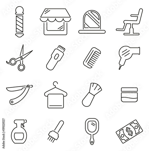 Barber Shop & Barber Equipment Icons Thin Line Vector Illustration Set