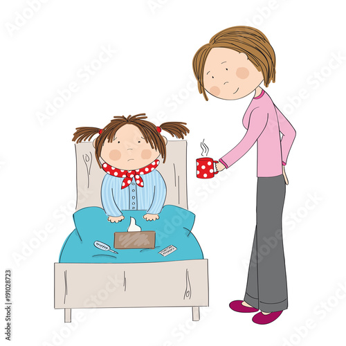 Sick girl with flu sitting in the bed with medicine, thermometer and paper handkerchiefs on the blanket, mum bringing her cup of hot tea - original hand drawn illustration