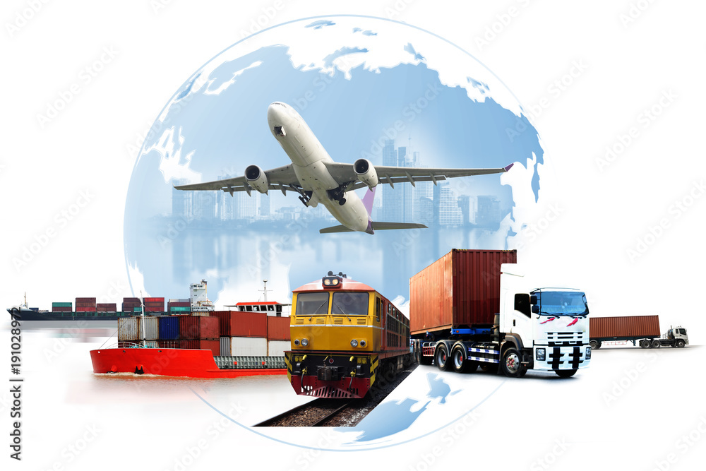 Illustrazione Stock Transportation, import-export and logistics concept,  container truck, ship in port and freight cargo plane in transport and  import-export commercial logistic, shipping business industry | Adobe Stock