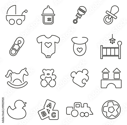 Baby Stuff & Baby Toys Icons Thin Line Vector Illustration Set