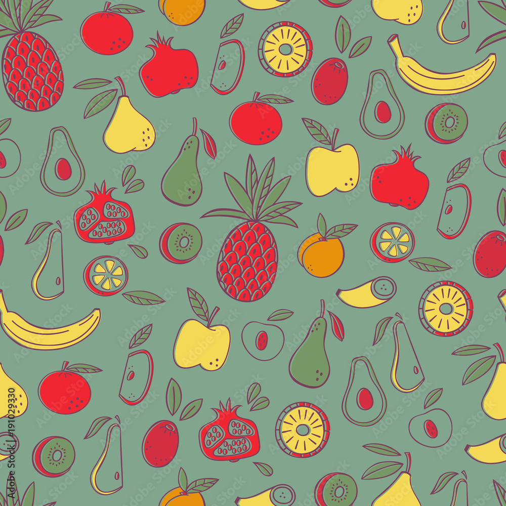 ПечатьDoodle Fruits Seamless Pattern. Food Background.