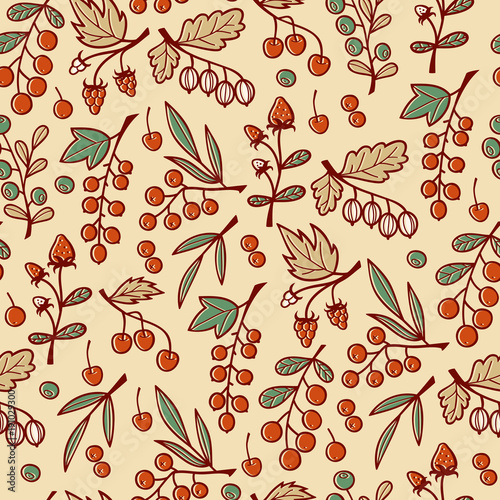 Seamless Pattern with Berries on Branches.