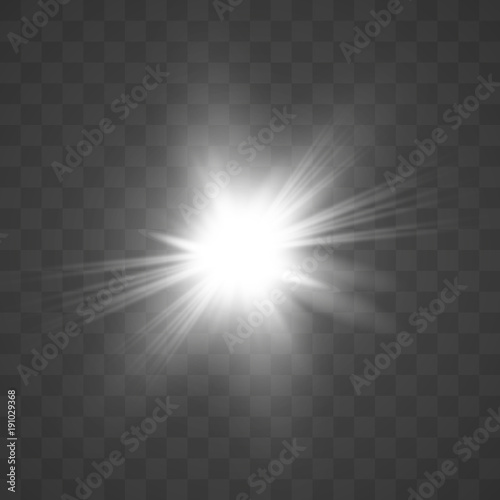 White glowing light burst explosion with Lens flares effect sparkles decoration. Isolated on transparent background.