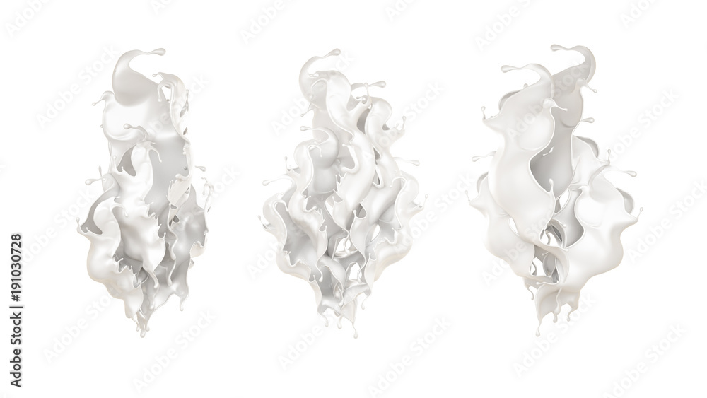 Splash of milk on a white background isolated. 3d illustration, 3d rendering. Splash of milk on a white background isolated. 3d illustration, 3d rendering.