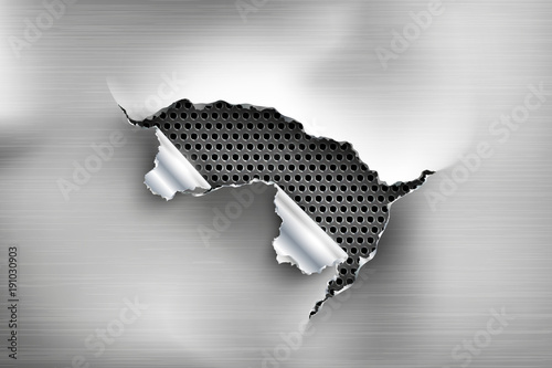 Hole torn in ripped steel on metal