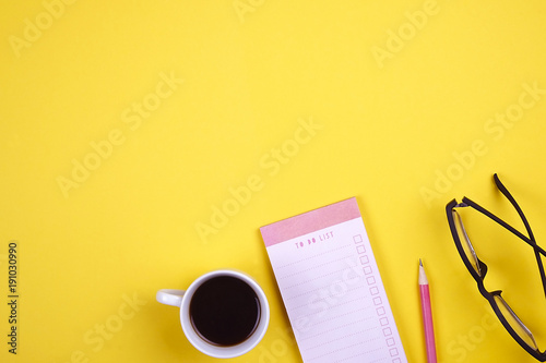 Set of school supplies with plain pencil pen, blank to do list notebook sheets, empty check box. Writer's workspace attributes, teacher's tabletop, hipster, girly, minimalistic flat lay composition. photo