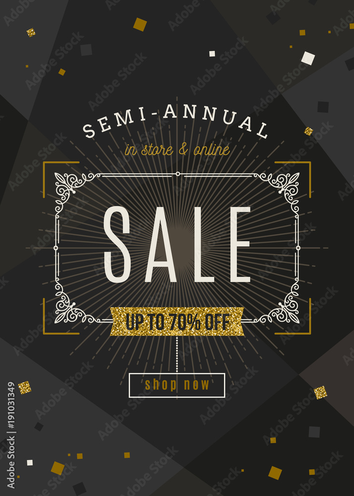 Fototapeta premium Sale banner with ornamental flourishes frame and glitter gold elements on a black background. Vector illustration.