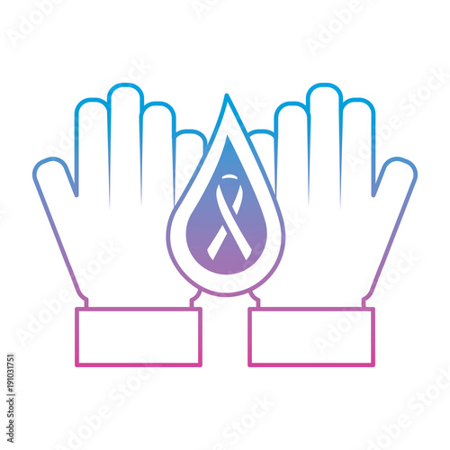 hands with drop blood and ribbon hemophilia care vector illustration degraded line color style