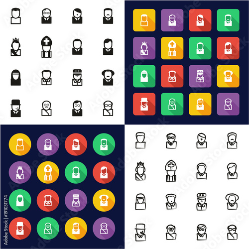 Avatar 20th Century Historical Figures All in One Icons Black & White Color Flat Design Freehand Set