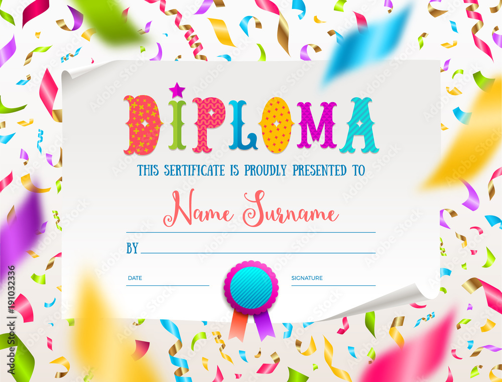 Vector template of kids diploma for kindergarten, school, preschool or playschool. Multicolored certificate type design on a white paper and colorful falling confetti.