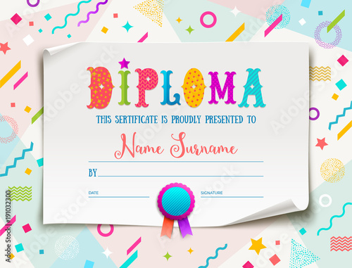 Vector template of kids diploma for kindergarten, school, preschool or playschool. Multicolored certificate type design on a abstract shape colorful background.