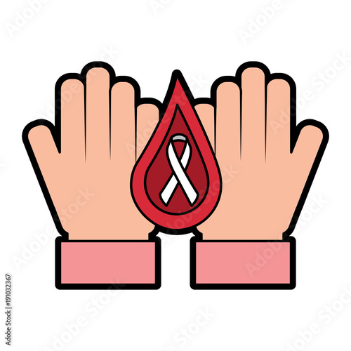 hands with drop blood and ribbon hemophilia care vector illustration